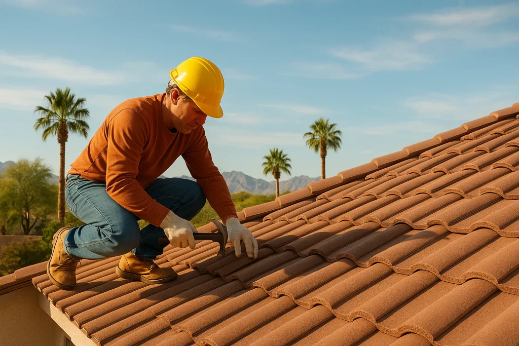 Residential roof repair in Chandler showing damaged asphalt shingles on a home after storm exposure