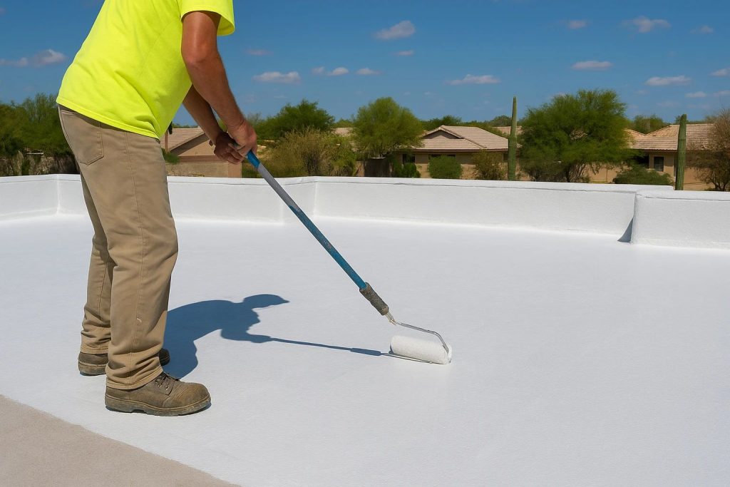 Roof coatings being applied to a flat roof in Chandler to protect against heat and sun damage